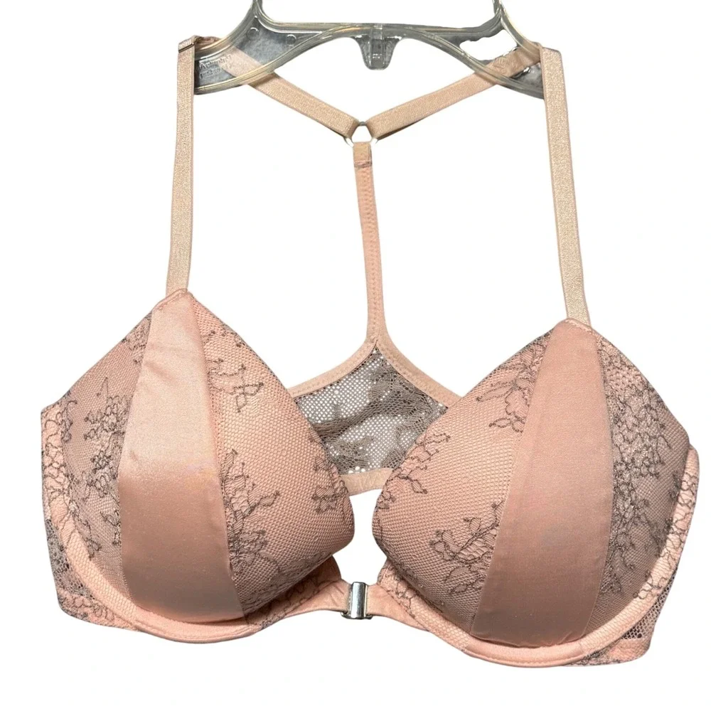 Victorias Secret Very Sexy Push-Up Bra 32D Peach Lace Satin T-Back Racerback